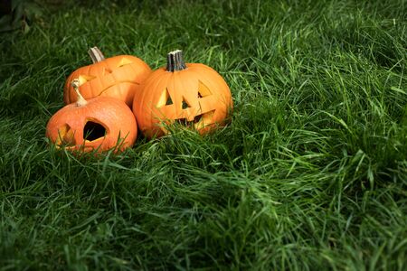 Halloween jack-o-lantern carved pumpkin decorationの写真素材