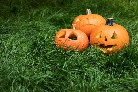 Halloween jack-o-lantern carved pumpkin decorationの写真素材