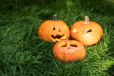 Halloween jack-o-lantern carved pumpkin decorationの写真素材
