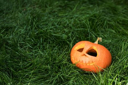 Halloween jack-o-lantern carved pumpkin decorationの写真素材