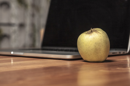 Conceptual photo, an apple on a laptop as a symbol of knowledge and science, side view close upの写真素材