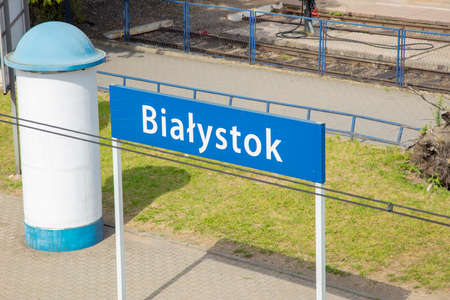 The inscription BiaÅystok on the sign next to the stationの写真素材