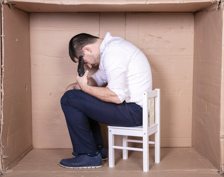 businessman overcrowded depression thoughts of suicide, gun in handの写真素材