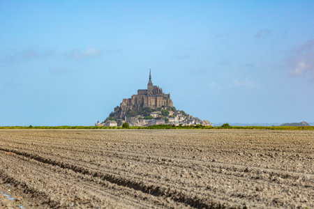 View of the beautiful cathedral Le Mont Saint-Michel in Normandy, France, beautiful historic building, tourist placeの写真素材