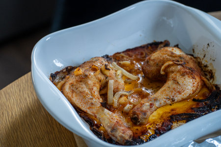 Roasted chicken with onion in a white dish on a wooden tableの写真素材