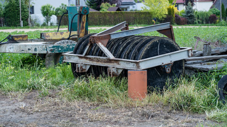 Old agricultural machinery and equipment used in the work of the field.の写真素材