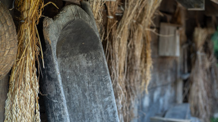 Close up of old wooden planks with rice straw in the backgroundの写真素材