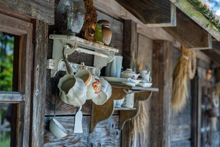 Vintage porcelain utensils in a wooden house.の写真素材