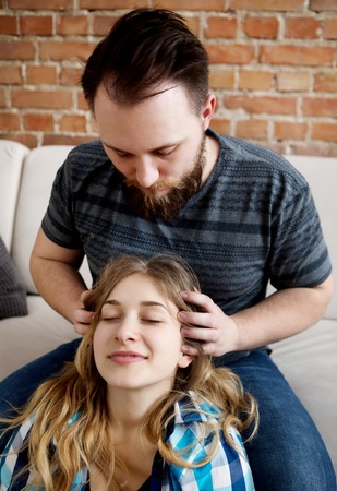 Headmassage in home.の写真素材