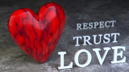 Valentines day - red heart with words respect, trust and love. 3d ilustration.