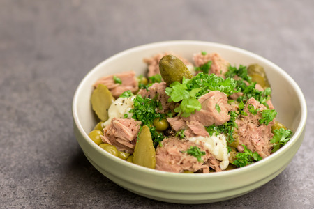 A bowl of healthy tuna salad on dark background - closeupの写真素材
