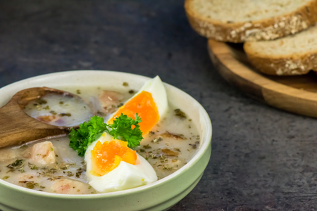 Zurek - polish Easter soup with eggs and white sausage - closeupの写真素材