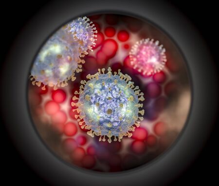 Virus under a microscope with red blood cells - 3d render