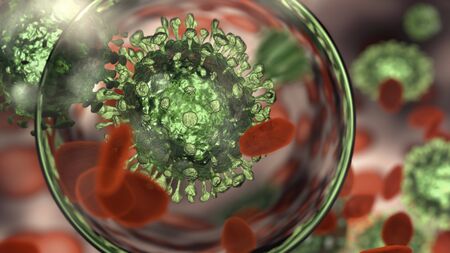 Virus under a microscope with red blood cells - 3d renderの写真素材