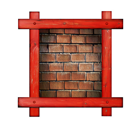 Old red wooden frame against a white background with red brick wall,copy space in the center.の写真素材