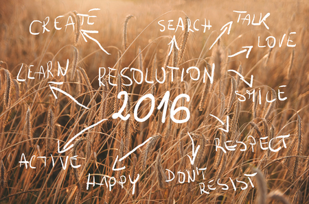New Year Resolution 2016 Goals written on field of wheat ready to be harvested. Sunset wheat field.