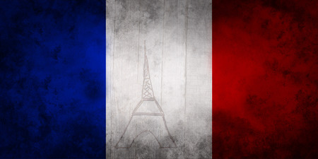 Paris Eiffel Tower on French flag colors blue white red.の写真素材