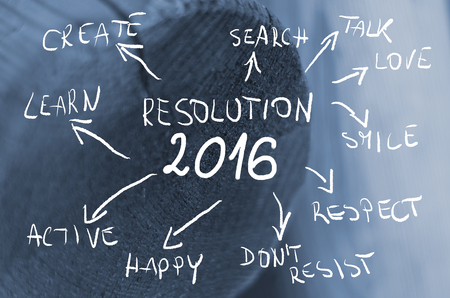 Date 2016 resolution handwritten on wooden log background.