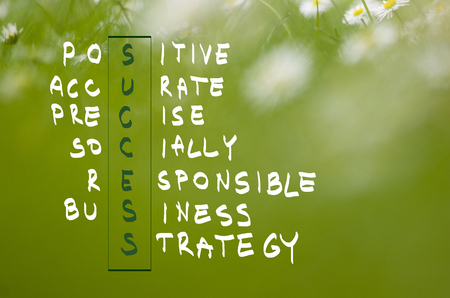 Acronym of success handwritten in dark green on natural green background.の写真素材