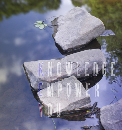 Acronym of key Knowledge Empowers You written on blue water background.の写真素材