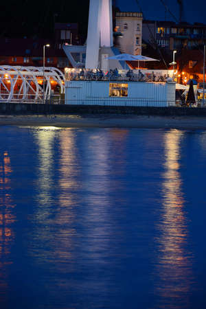 Drawbridge at night in Ustka, Poland, Baltic sea.の写真素材