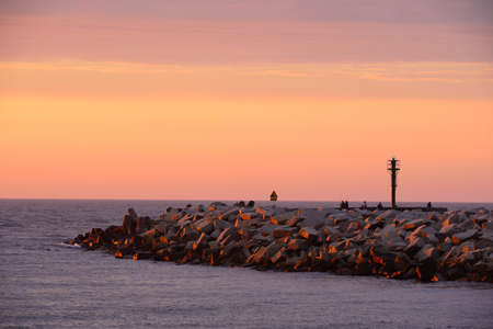 Rocky embankment in port in Ustka, Poland, Baltic sea.の写真素材