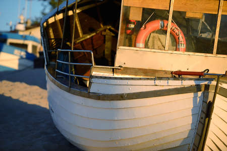Keelboat on the beach, Ustka, Poland, Baltic sea.の写真素材
