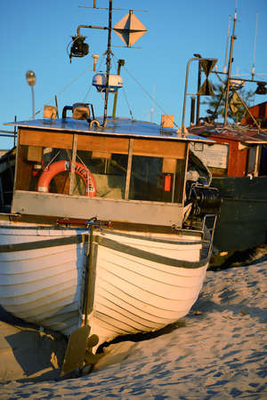 Fishing boats on the beach, Uniescie, Poland, Baltic sea.の写真素材