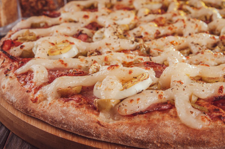 Brazilian pizza with mozzarella, calabrese sausage, eggs, catupiry, olive and oregano (Special pepperoni pizza) - Closeup.の写真素材