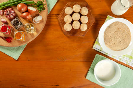 Conception of preparing Brazilian snacks chiken croquette (chicken drumstick) - Top viewの写真素材