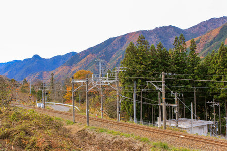Train tracks following the colorful mountains in autumn.の写真素材