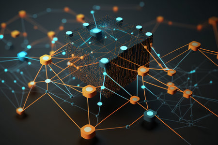 3d rendering of computer chip with connection lines and dots on dark background - created with AIの素材