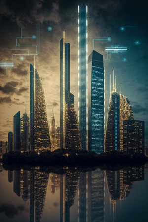 Cityscape with skyscrapers at night. Double exposure. Technology concept - created with AIの素材