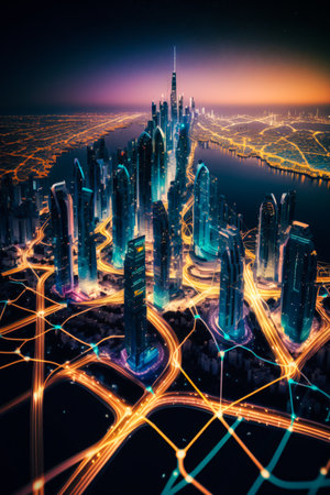 3d illustration of futuristic city at night with neon lights and road - created with AIの素材