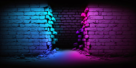 Purple and blue neon light on brick wall - created with aiの素材