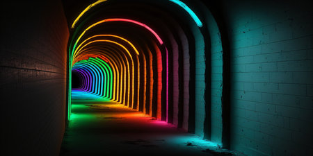 Abstract 3D futuristic neon background with glowing rainbow colors - created with AIの素材