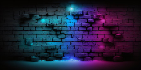 Dark brick wall with blue and pink neon lights - created with aiの素材