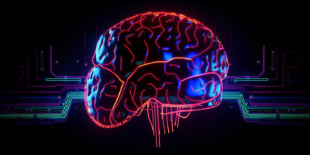 3d illustration of human brain in neon light on dark background - created with kiの素材