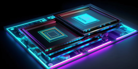 cpu in a dark background with neon lights - created with AIの素材