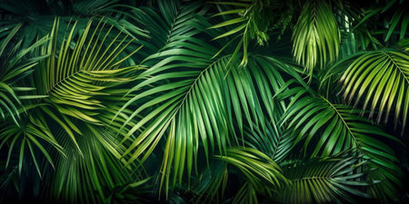 Tropical green palm leaves on dark background. Natural summer background - created with kiの素材