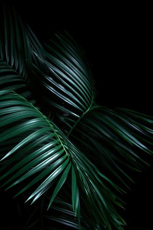 Palm leaves on black background, close-up. Tropical background - created with kiの素材