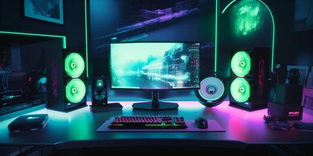 Cyberpunk interior of a gaming room with neon lighting and speakers - created with AIの素材
