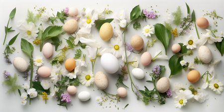 Easter eggs and flowers on a white background. Flat lay, top view - created with AIの素材