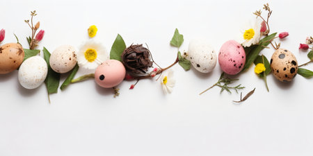 Easter composition. Quail eggs, flowers and leaves on white background with space for text - created with AIの素材