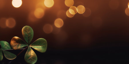 New year background banner with space for text - lucky clover leaves with beautiful bokeh lights against beautiful brown background - clover, shamrock, good luck - created with AIの素材