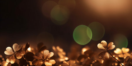 St. Patrick's Day background with gold clover leaves and bokeh lights - created with AIの素材