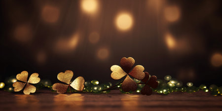 New year background banner with space for text - lucky clover leaves with beautiful bokeh lights against beautiful brown background - clover, shamrock, good luck - created with AIの素材