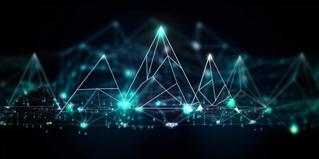 Abstract polygonal background with connected points and lines and neon triangles created with AIの素材