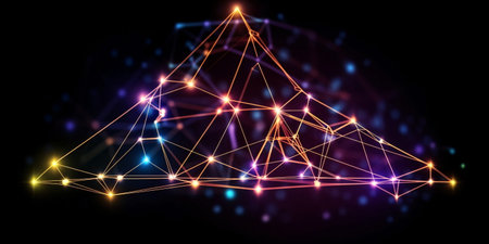 Abstract polygonal background with connected points and lines and neon triangles created with AIの素材
