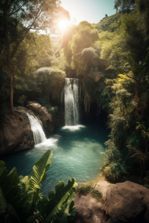 Beautiful waterfall in jungle with palm trees and sunshine background image - created with AIの素材